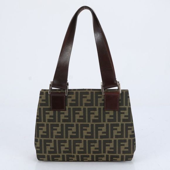 Fendi Zucca Leather Tote Bag Shoulder Hand Brown Silver Hardware Women ERE